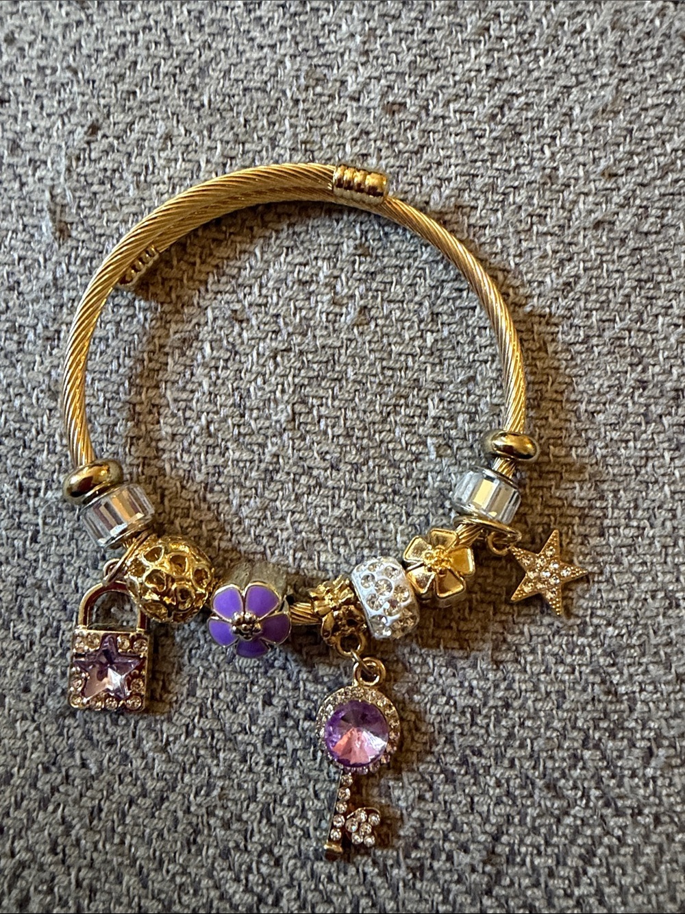 Gold-Tone Women's Charm Bracelet with Purple Floral and Crystal Charms